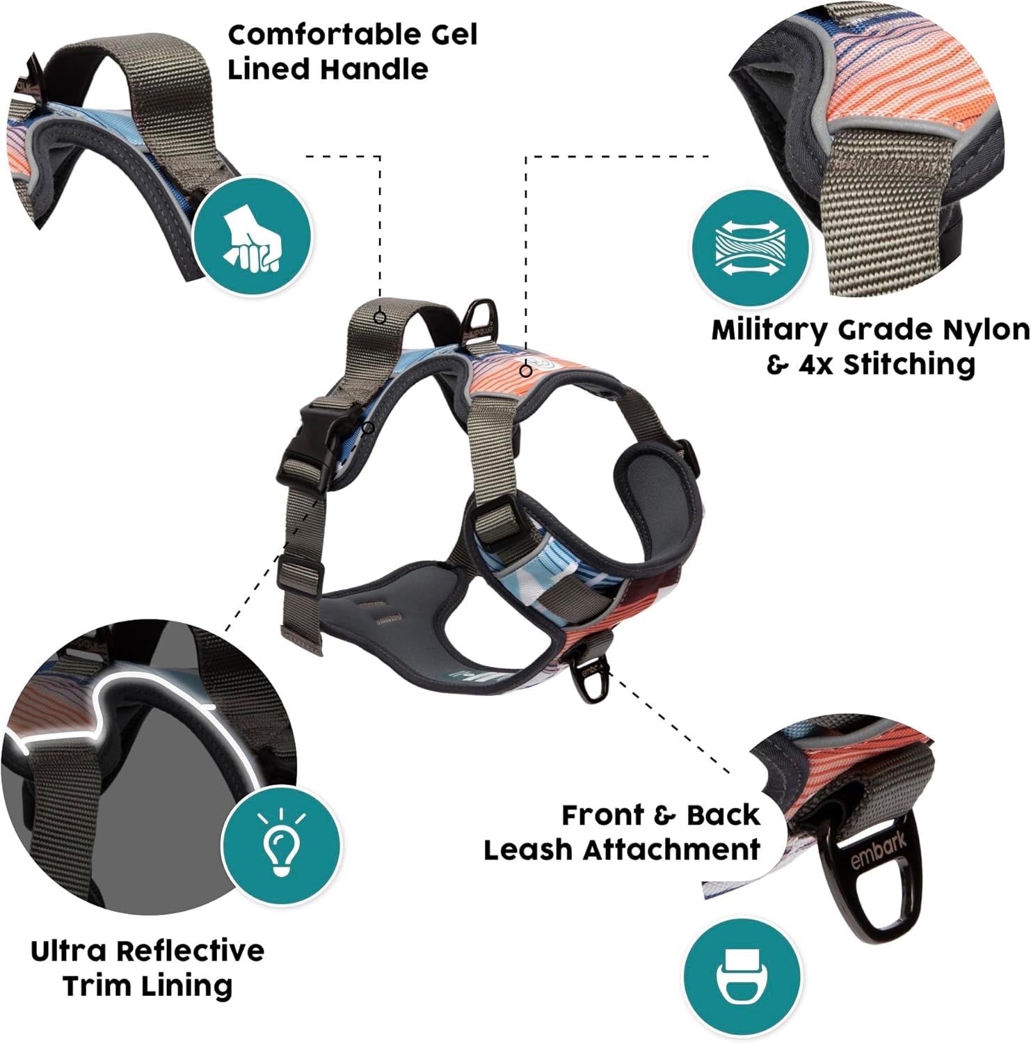 Embark Urban Dog Harness, Reflective Trim No Pull Dog Harnesses for Small Sized Dogs - Military Grade Nylon, Front Clip Dog Harness with Gel Lined Handle. Soft & Padded Puppy Dog Harnesses.