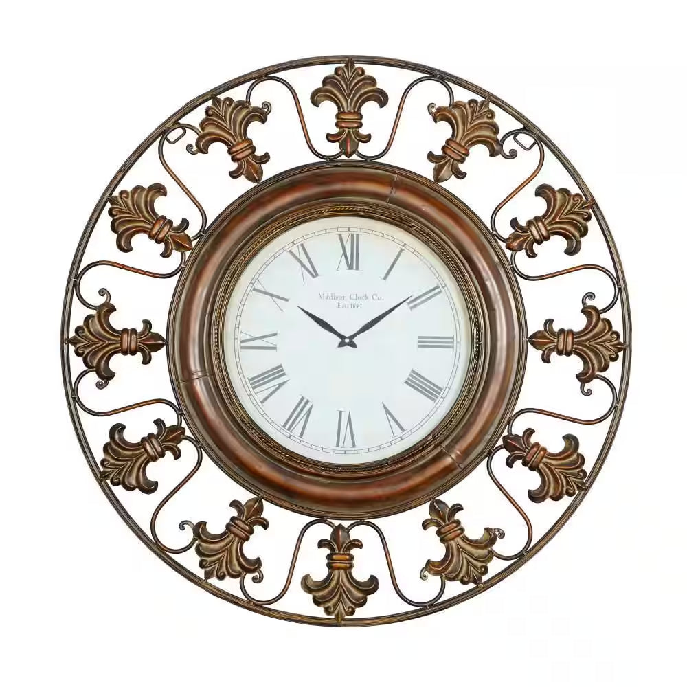 38 In. X 38 In. Brown Metal Fleur De Lis Wall Clock