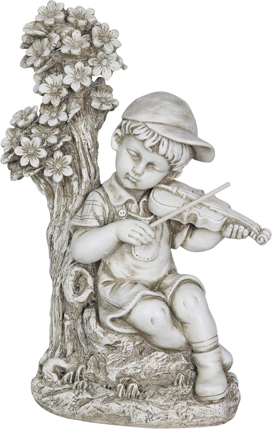 Garden Sculpture, Solar Boy Garden Statue with Violin, LED Tree, Outdoor Garden Decoration with Resin Stone Finish, 13 X 19 Inch