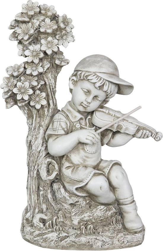 Garden Sculpture, Solar Boy Garden Statue with Violin, LED Tree, Outdoor Garden Decoration with Resin Stone Finish, 13 X 19 Inch