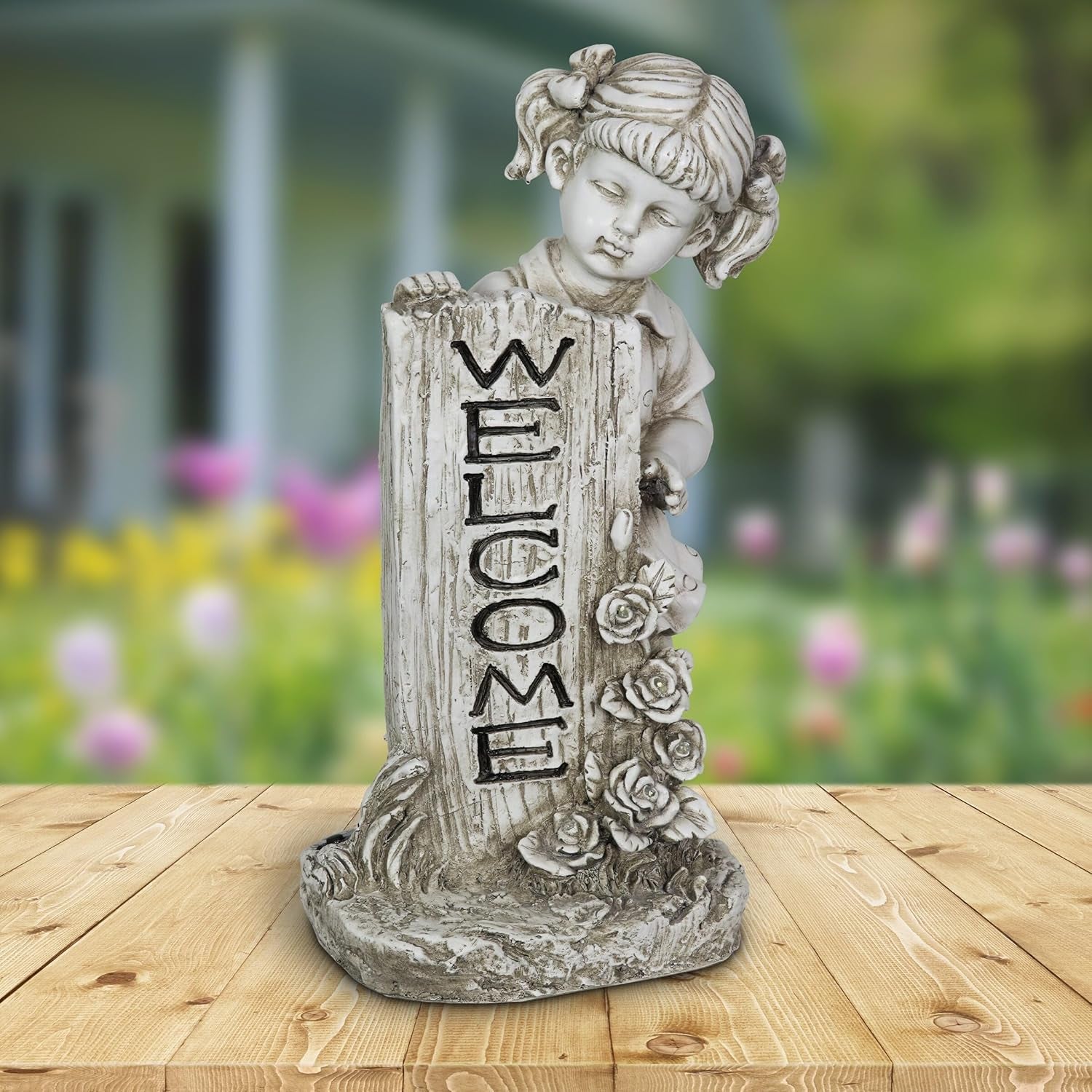 Garden Sculpture, Solar Girl Garden Statue with Welcome Sign, LED Flowers, Outdoor Garden Decoration with Resin Stone Finish, 9.5 X 17.5 Inch