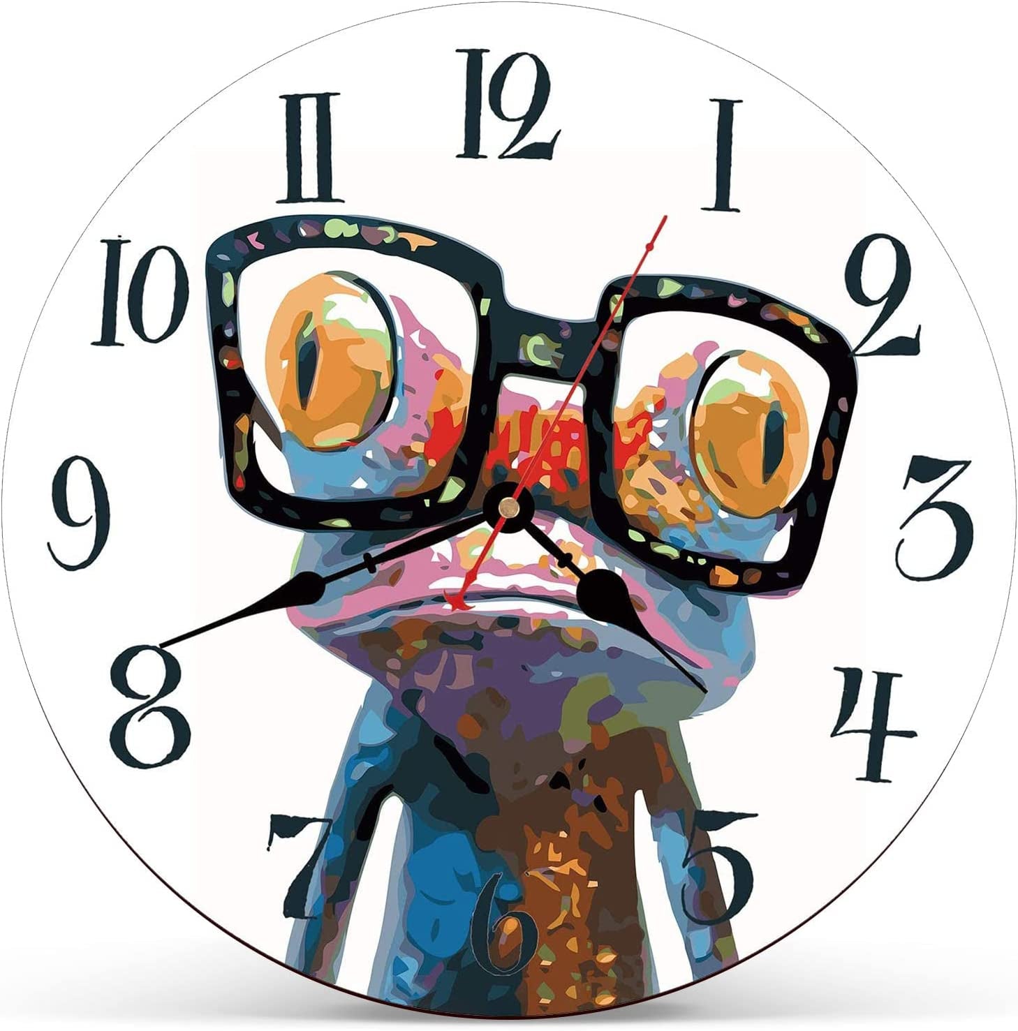 14 Inch Frog with Glasses Wall Clock, Silent Non-Ticking, Battery Operated, Wooden MDF Construction, Easy to Read, Ideal for Home Decor