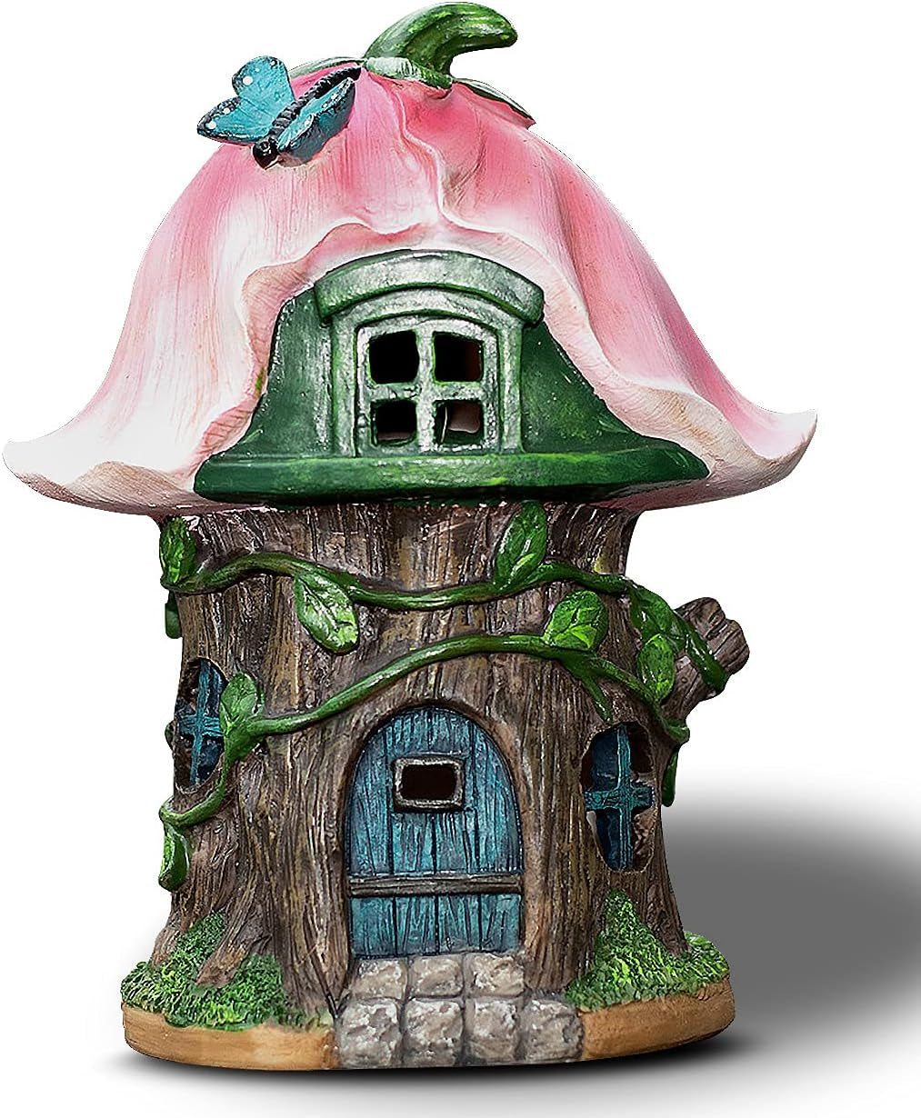 Mushroom House Garden Statues Outdoor Decor, Statue Fairy Garden House Statue with Led Light, Lawn Garden Light Pink Decorative Solar Light Statuette, Housewarming Gift (Pink Mushroom)