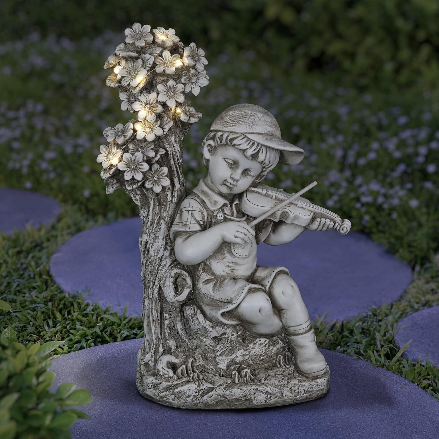 Garden Sculpture, Solar Boy Garden Statue with Violin, LED Tree, Outdoor Garden Decoration with Resin Stone Finish, 13 X 19 Inch