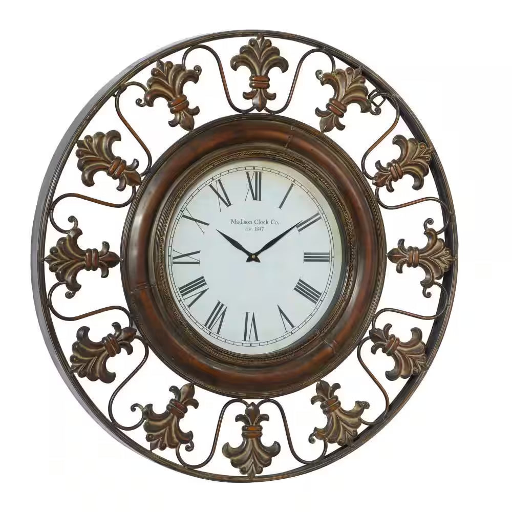 38 In. X 38 In. Brown Metal Fleur De Lis Wall Clock