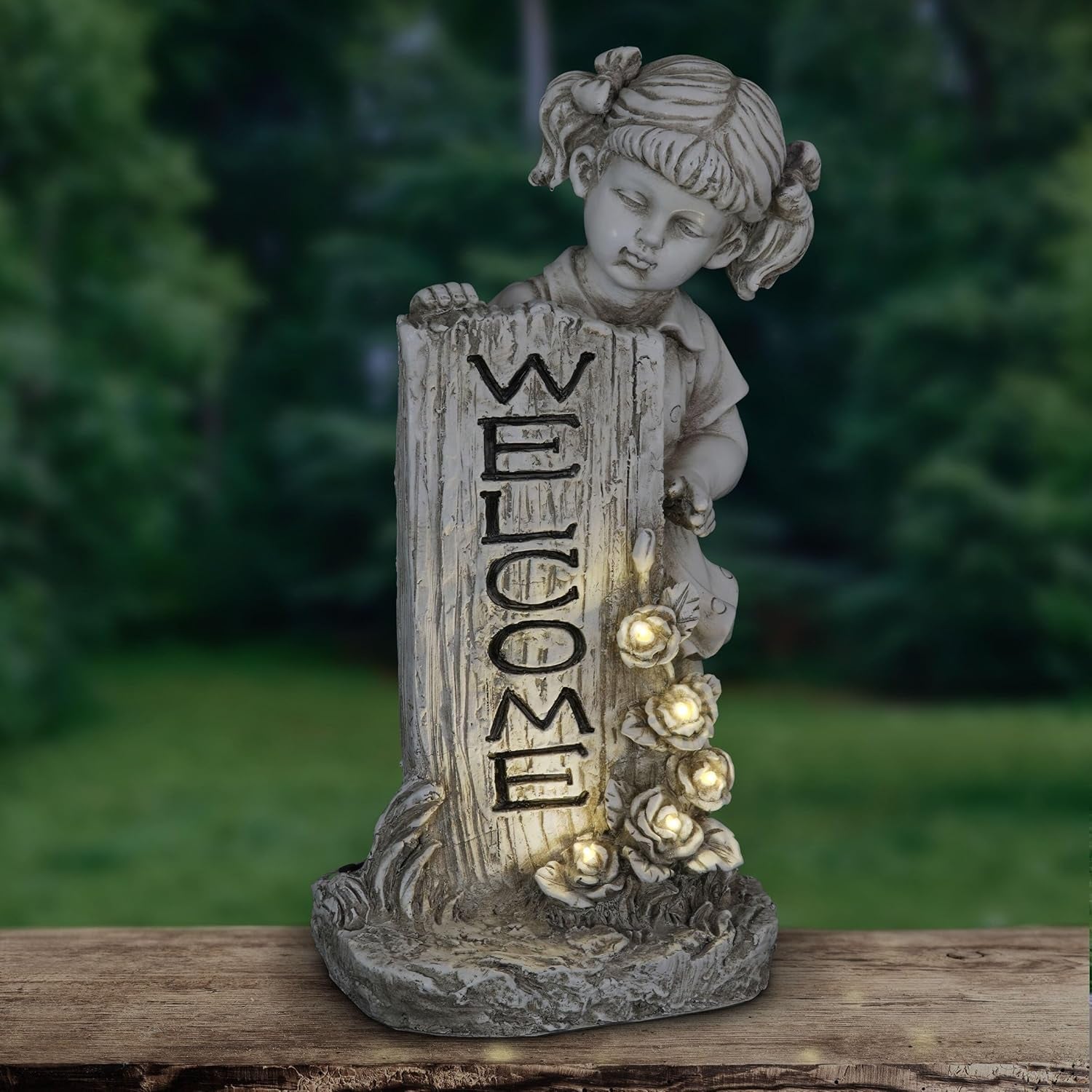 Garden Sculpture, Solar Girl Garden Statue with Welcome Sign, LED Flowers, Outdoor Garden Decoration with Resin Stone Finish, 9.5 X 17.5 Inch