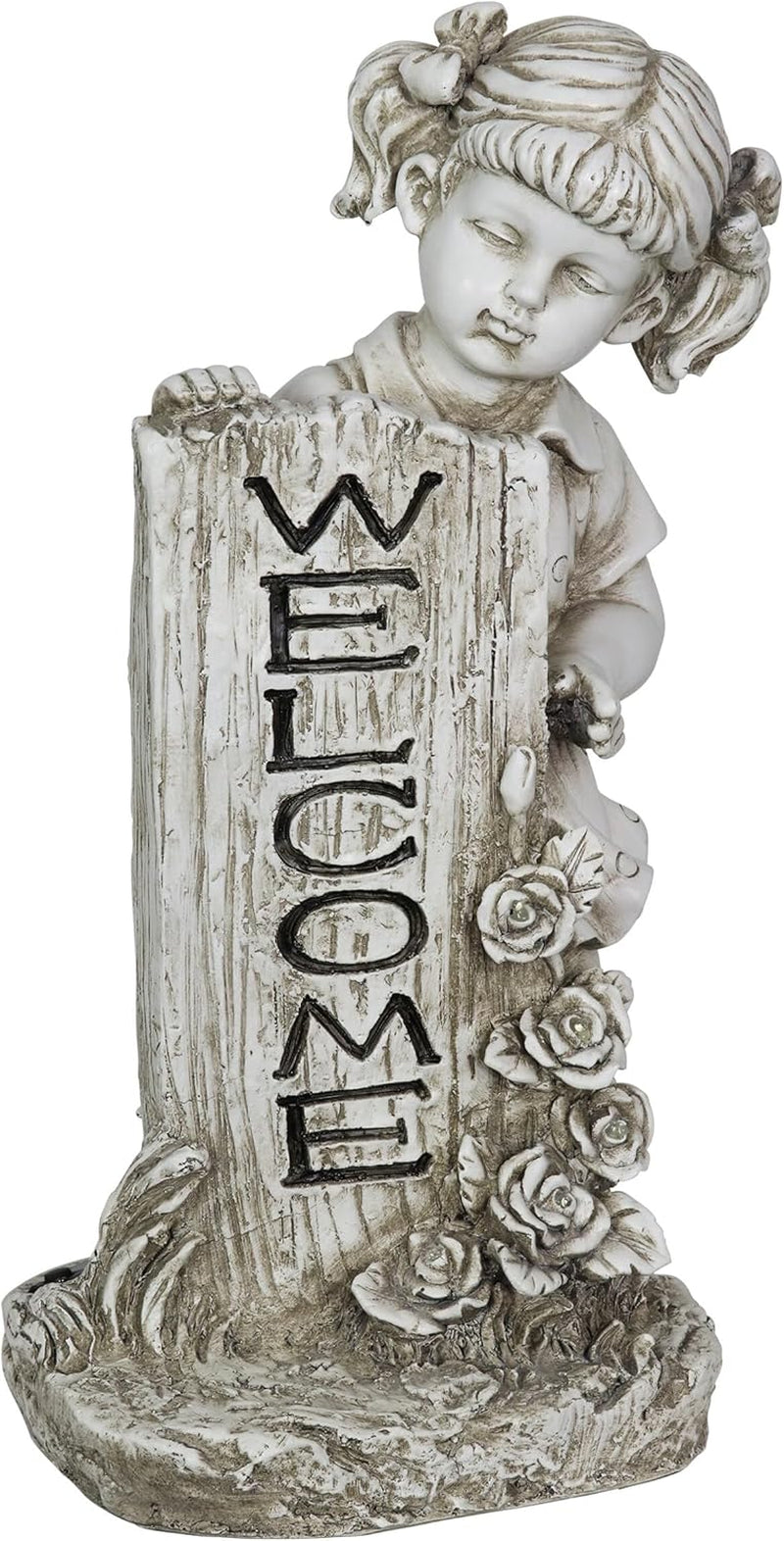 Garden Sculpture, Solar Girl Garden Statue with Welcome Sign, LED Flowers, Outdoor Garden Decoration with Resin Stone Finish, 9.5 X 17.5 Inch